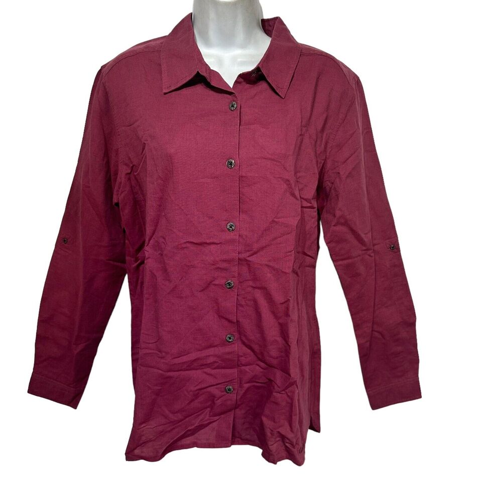 cabelas pink Linen roll tab Long sleeve button up blouse Size M